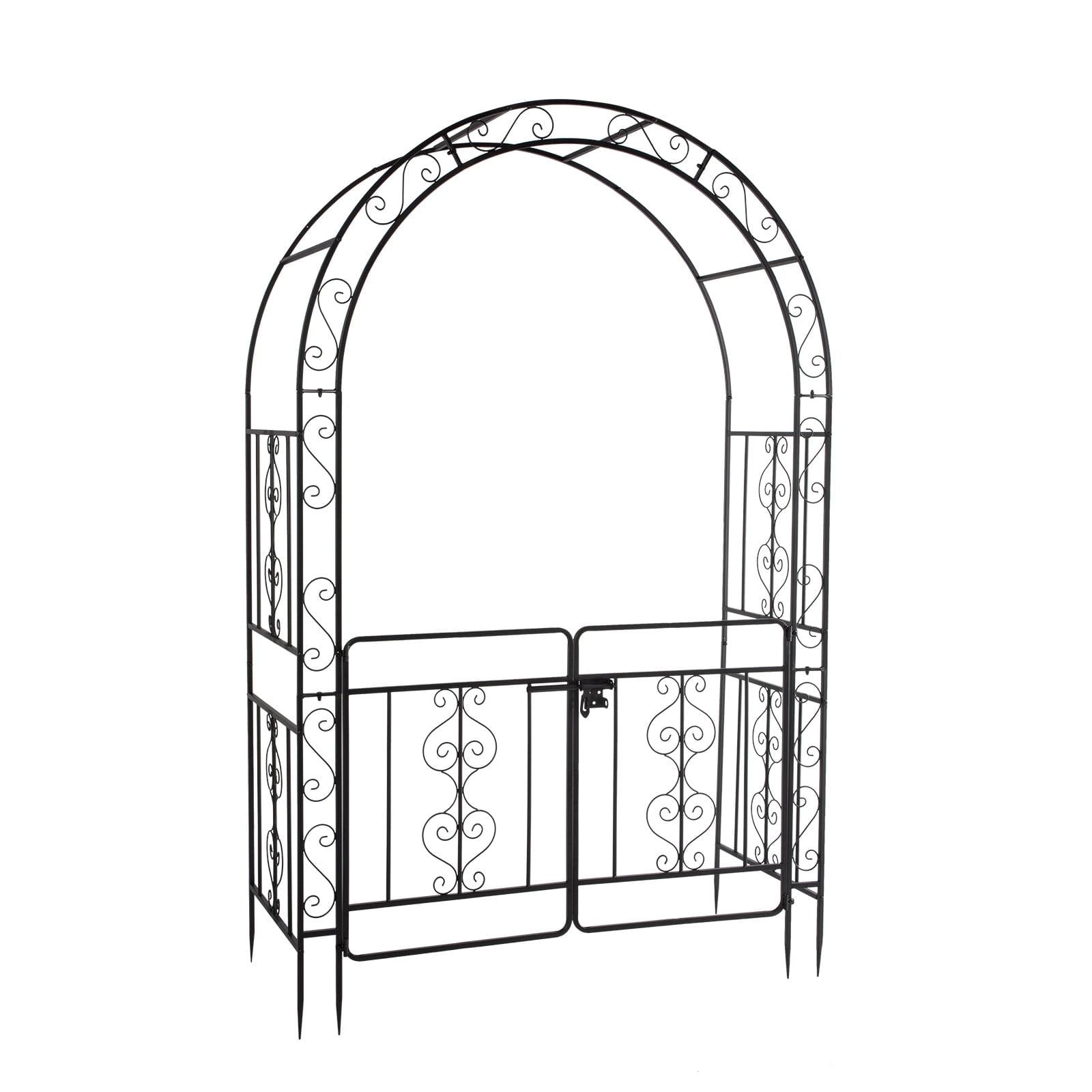 GZXS 7FT Garden Arch Arbor with Entry Door, Heavy Duty Metal Arbour Archway, Decorative Frame Stand Trellis with Ground Stakes for Wedding Ceremony Party Plant Climbing Rose Vines Lawn