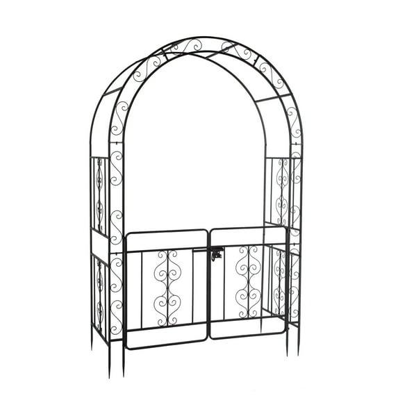 GZXS 7FT Garden Arch Arbor with Entry Door, Heavy Duty Metal Arbour Archway, Decorative Frame Stand Trellis with Ground Stakes for Wedding Ceremony Party Plant Climbing Rose Vines Lawn