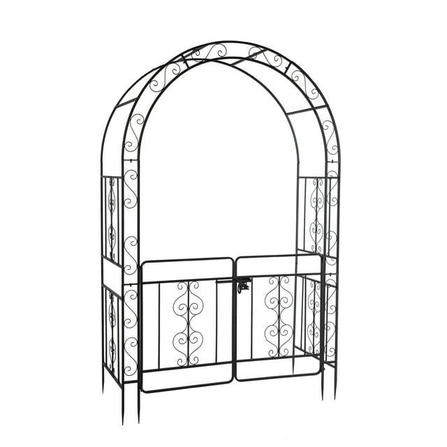 GZXS 7FT Garden Arch Arbor with Entry Door, Heavy Duty Metal Arbour Archway, Decorative Frame Stand Trellis with Ground Stakes for Wedding Ceremony Party Plant Climbing Rose Vines Lawn