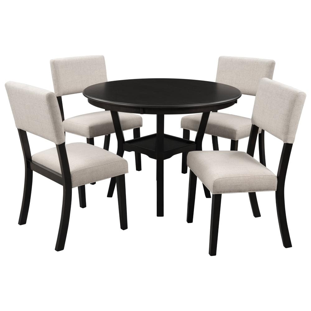 5-Piece Dining Table Set With Bottom Shelf Round Dining Table With 4 Upholstered Dining Chairs For Dining Room Living Room