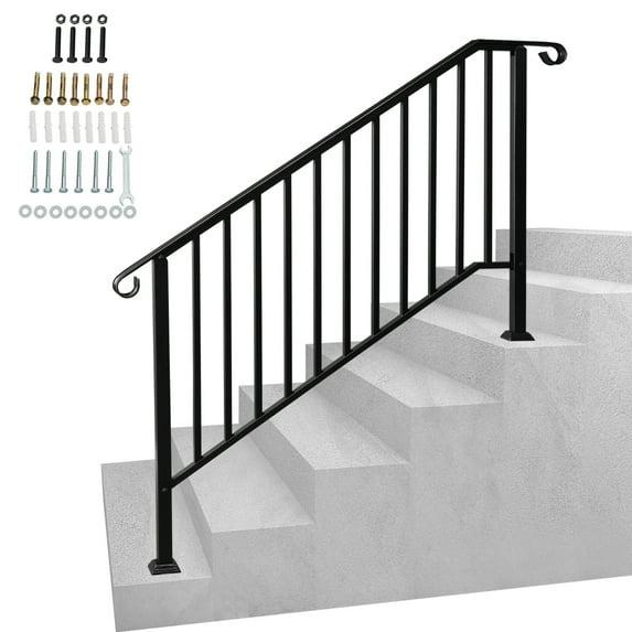 HLL Handrails for Outdoor Steps, Black Wrought Iron Handrail Fits 4 or 5 Steps, Transitional Handrail with Installation Kit, Stair Railing for Concrete Steps or Wooden Stairs