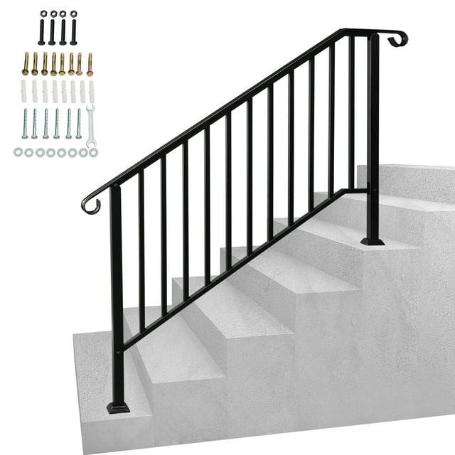 HLL Handrails for Outdoor Steps, Black Wrought Iron Handrail Fits 4 or 5 Steps, Transitional Handrail with Installation Kit, Stair Railing for Concrete Steps or Wooden Stairs