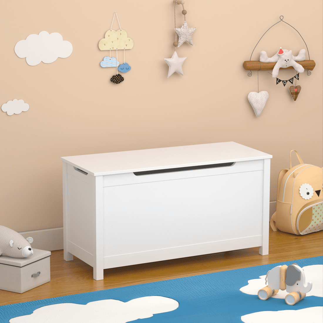 White Wooden Toy Box Storage Chest with Safety Hinged Lid