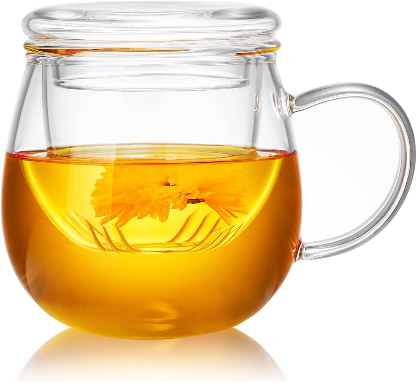 Glass Tea Cup with Infuser and Lid, 17OZ Large Borosilicate Glass Tea Cup with Strainer,Clear Glass Tea Mugs for Loose Leaf Tea,Blooming Tea,Tea Bag,Tea Cute Mushroom, Christmas gift