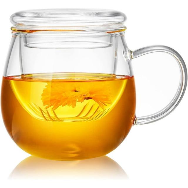 Glass Tea Cup with Infuser and Lid, 17OZ Large Borosilicate Glass Tea Cup with Strainer,Clear Glass Tea Mugs for Loose Leaf Tea,Blooming Tea,Tea Bag,Tea Cute Mushroom, Christmas gift