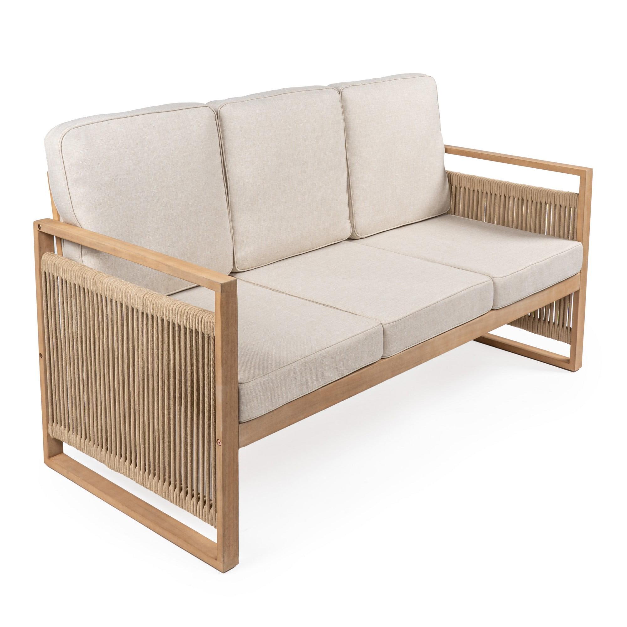 Gable 3-Seat Mid-Century Modern Roped Acacia Wood Outdoor Sofa with Cushions - JONATHAN Y