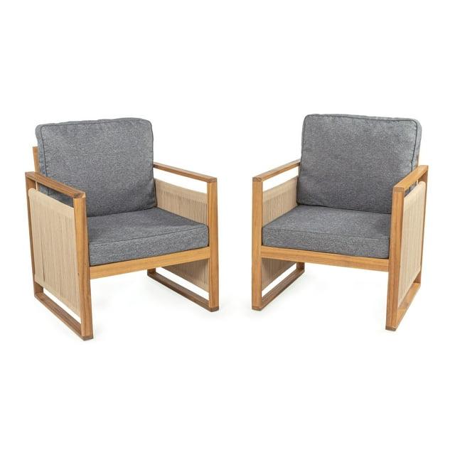 Gable Mid-Century Modern Roped Acacia Wood Outdoor Patio Chair with Cushions, Gray/Teak Brown (Set of 2) - JONATHAN Y