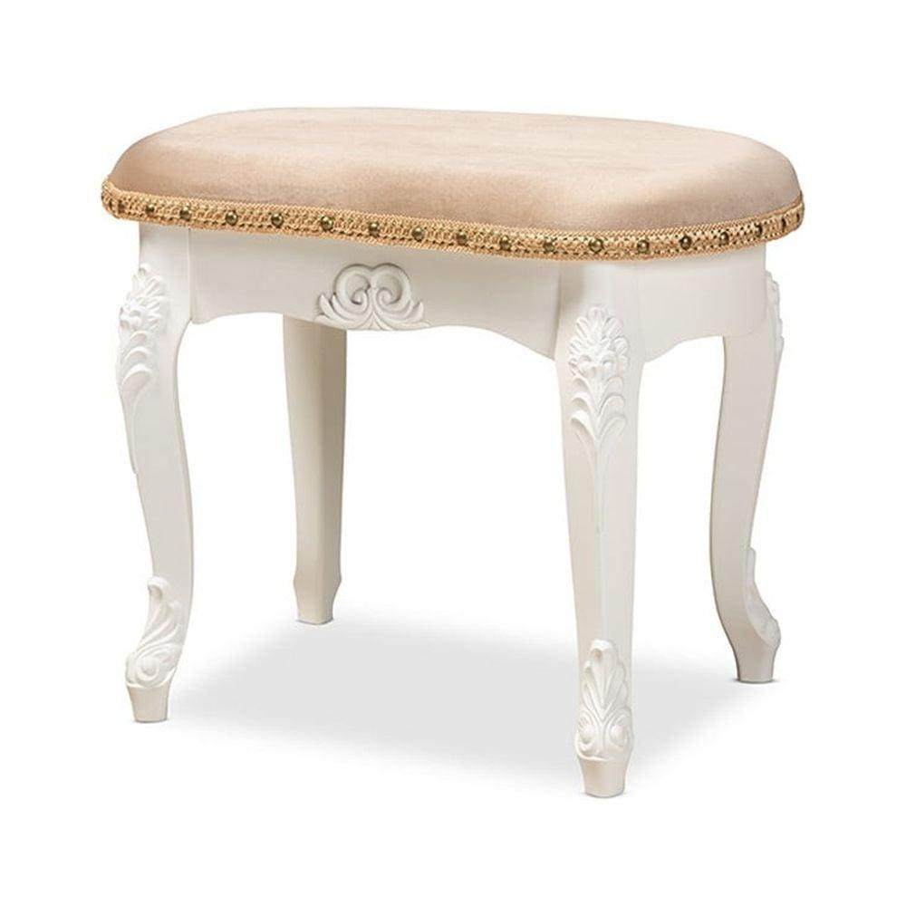 Gabrielle Velvet Fabric Upholstered Wood Vanity Ottoman Sand/White/Gold - Baxton Studio: French-Inspired, Brass Nailhead Detail, Cabriole Legs