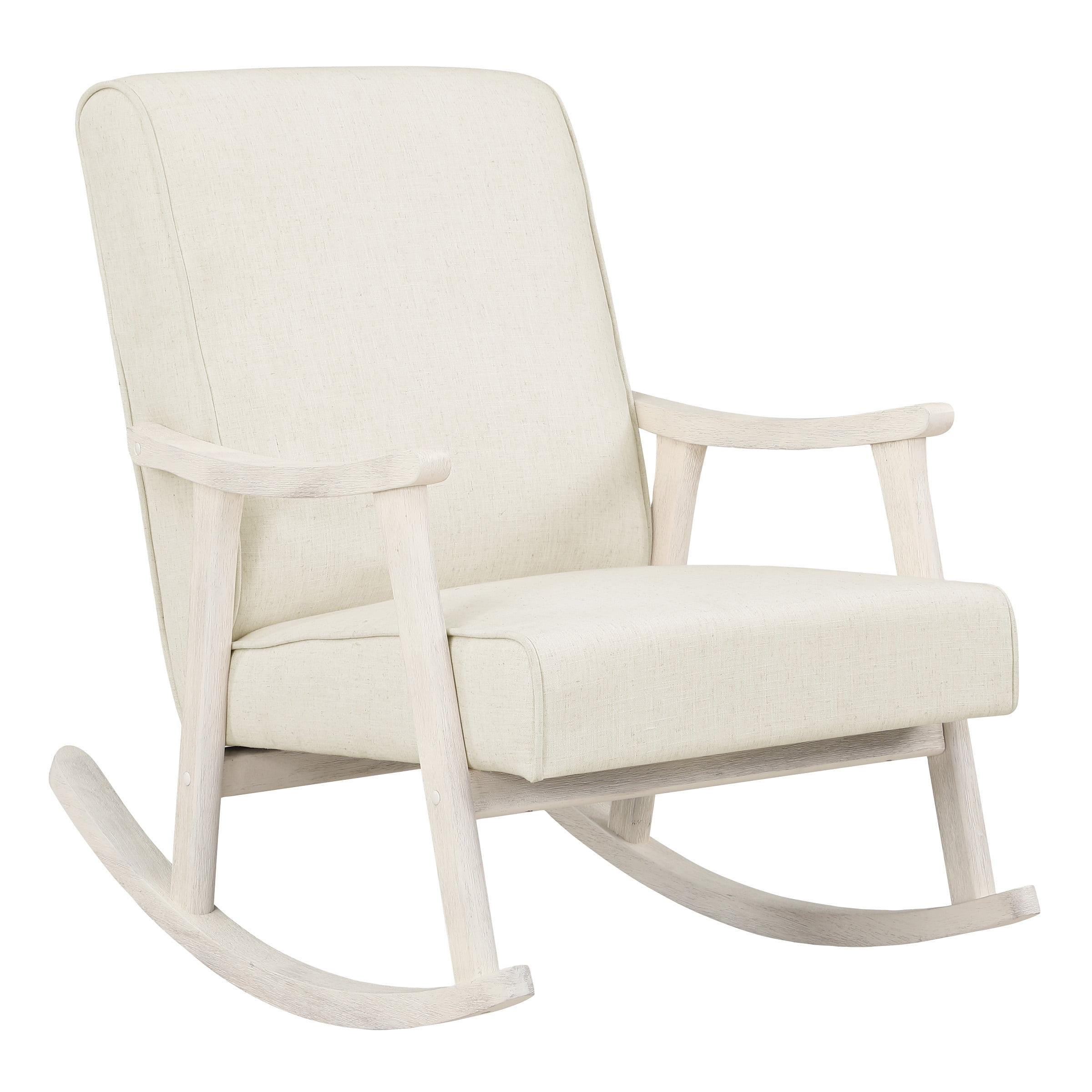 Linen White Fabric Rocker with Antique White Wood Frame