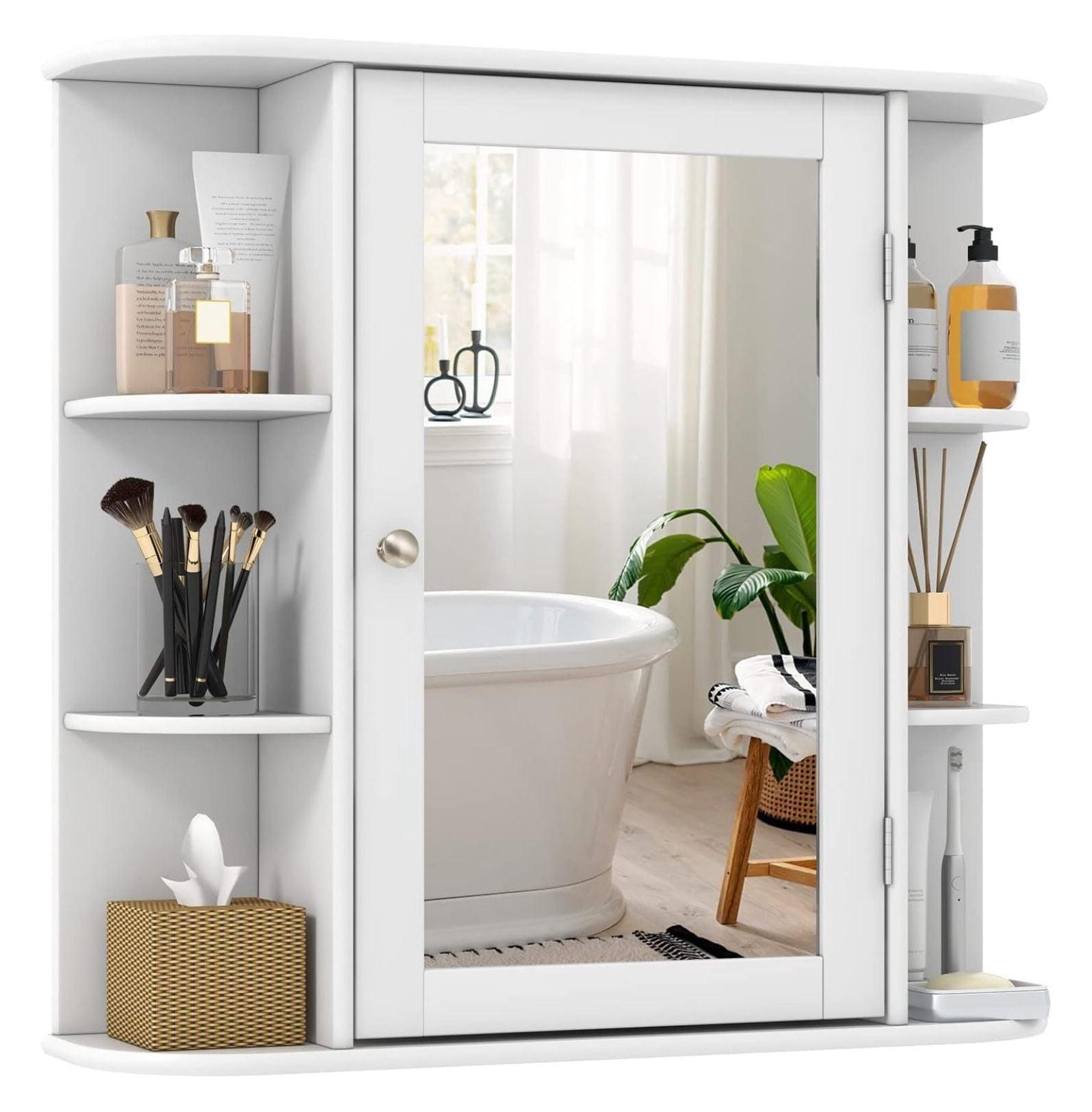Wall Mounted Cabinet, Wood Hanging Cabinet with Doors and 6 Open Shelves for Placing Towels, Bathroom Wall Mirror Cabinet, White