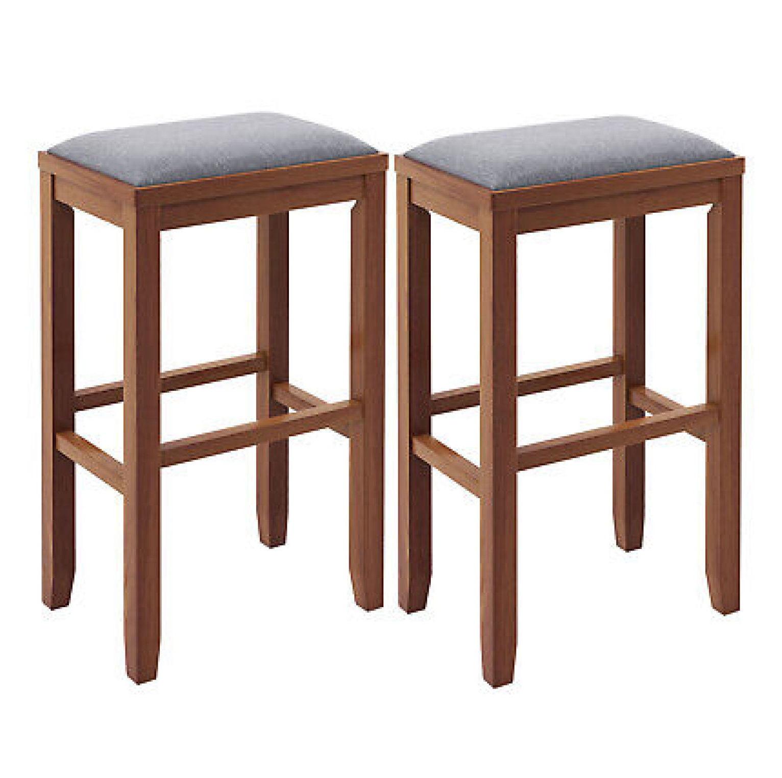 Walnut 31" Backless Upholstered Bar Stools with Gray Linen Seats