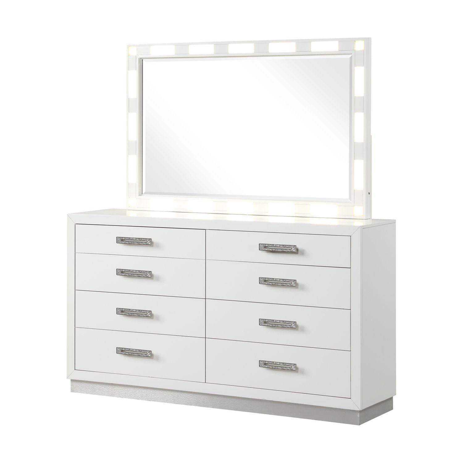 Milky White 8-Drawer Dresser with Mirror and Crystal Handles