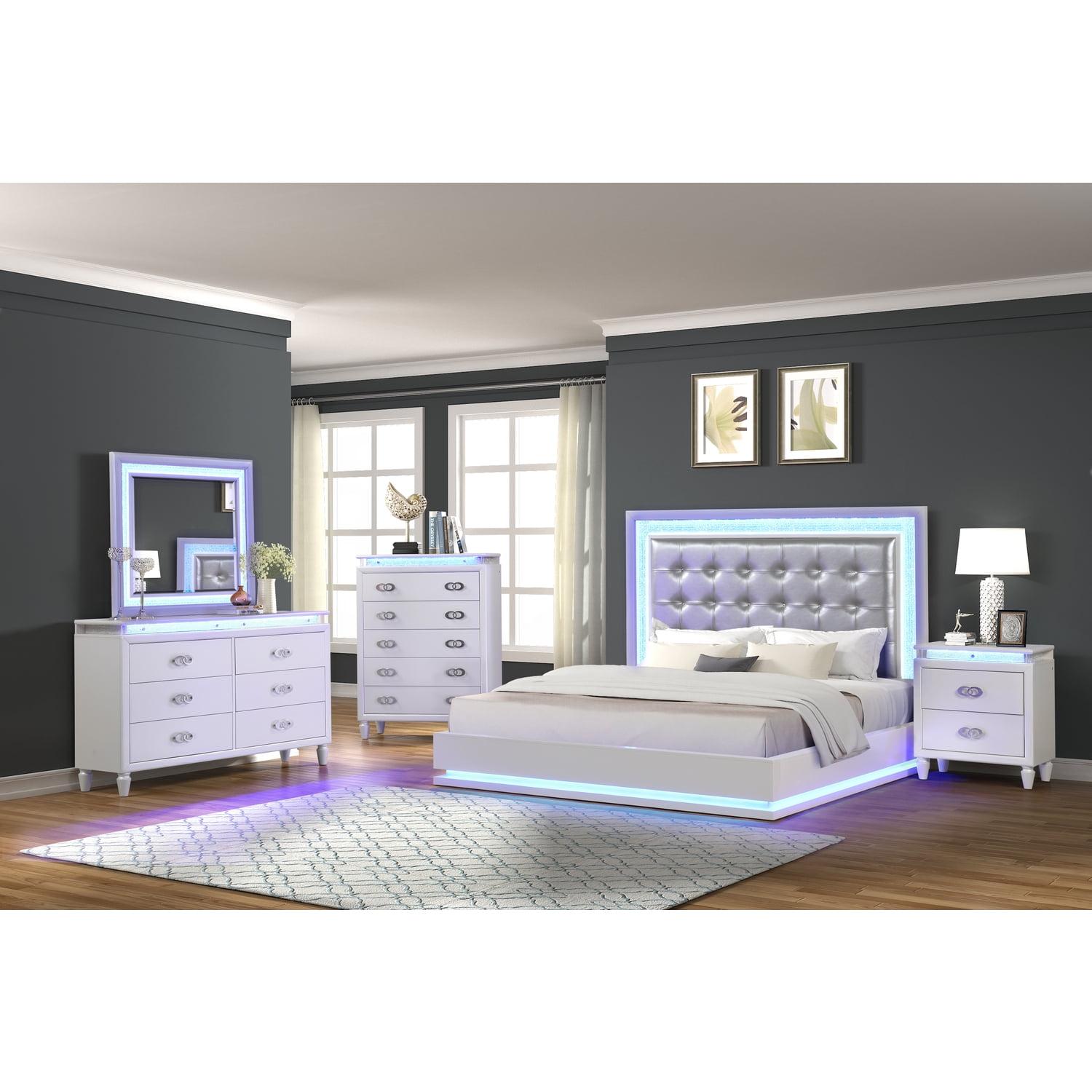 DeeHome Passion Queen 4 Pc LED Bedroom Set Made with Wood in Milky white