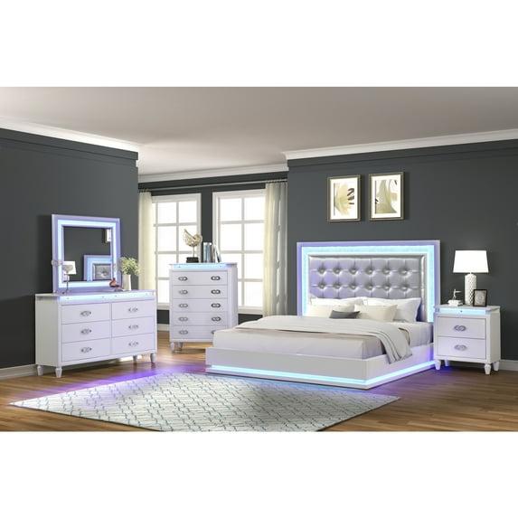 DeeHome Passion Queen 4 Pc LED Bedroom Set Made with Wood in Milky white