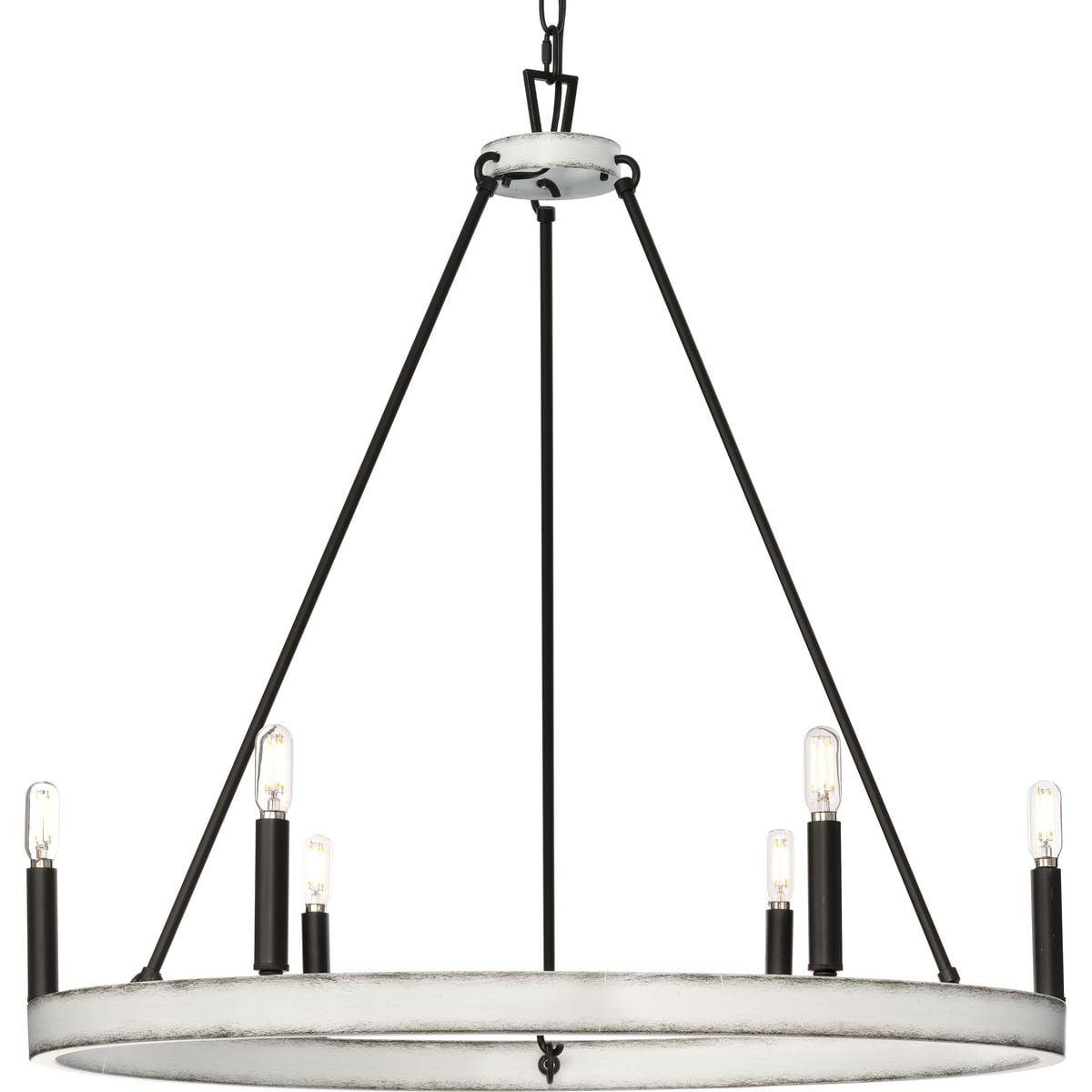 Distressed White and Matte Black 6-Light Wagon Wheel Chandelier