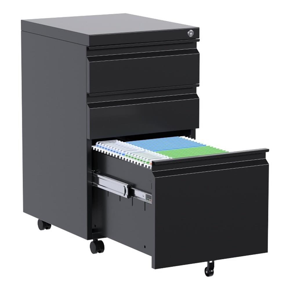 Black Mobile 3-Drawer Lockable Steel File Cabinet