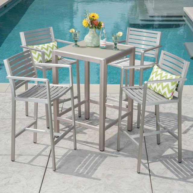 Noble House Cape Coral 5 Pc Aluminum Bar Set with Grey Tempered Glass Top Table