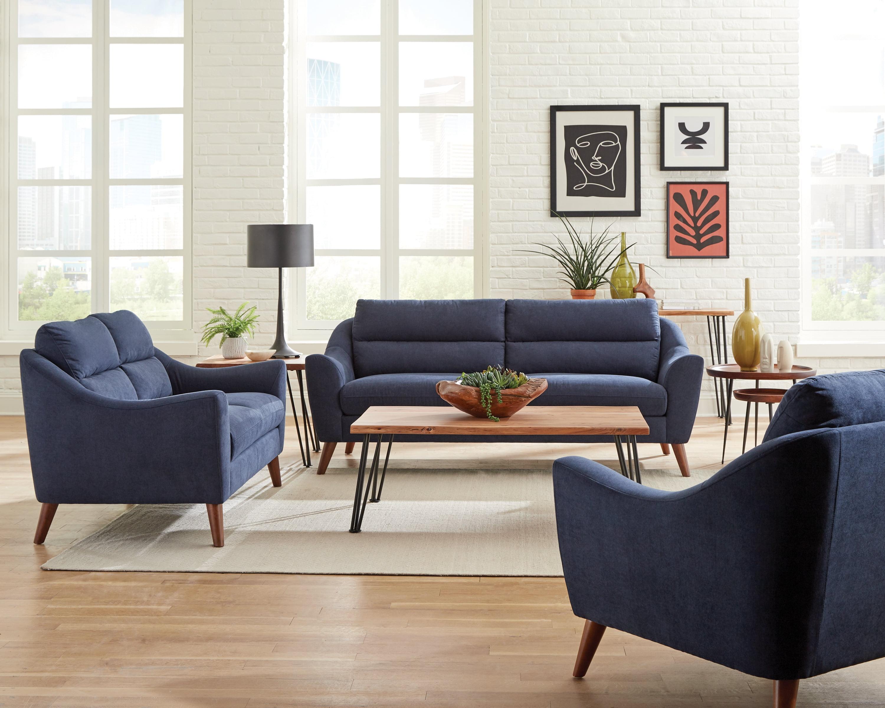 Navy Blue Mid-Century Modern Upholstered Sofa with Tapered Wood Legs