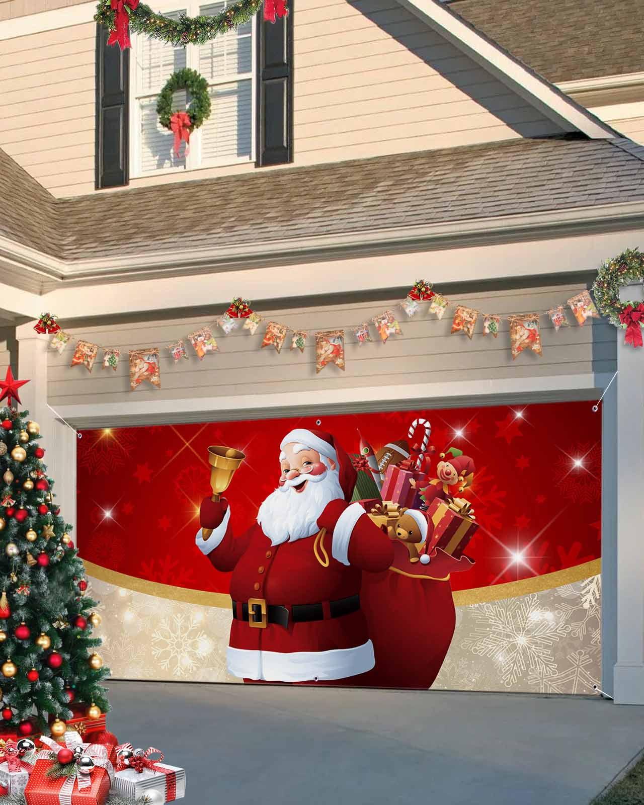 Garage Door Banner Cover 7 x 16 ft, Merry Christmas Santa Claus Carring Gifts Christmas Garage Door Decorations Holiday Christmas Backdrop Decor for Winter New Year Xmas Party