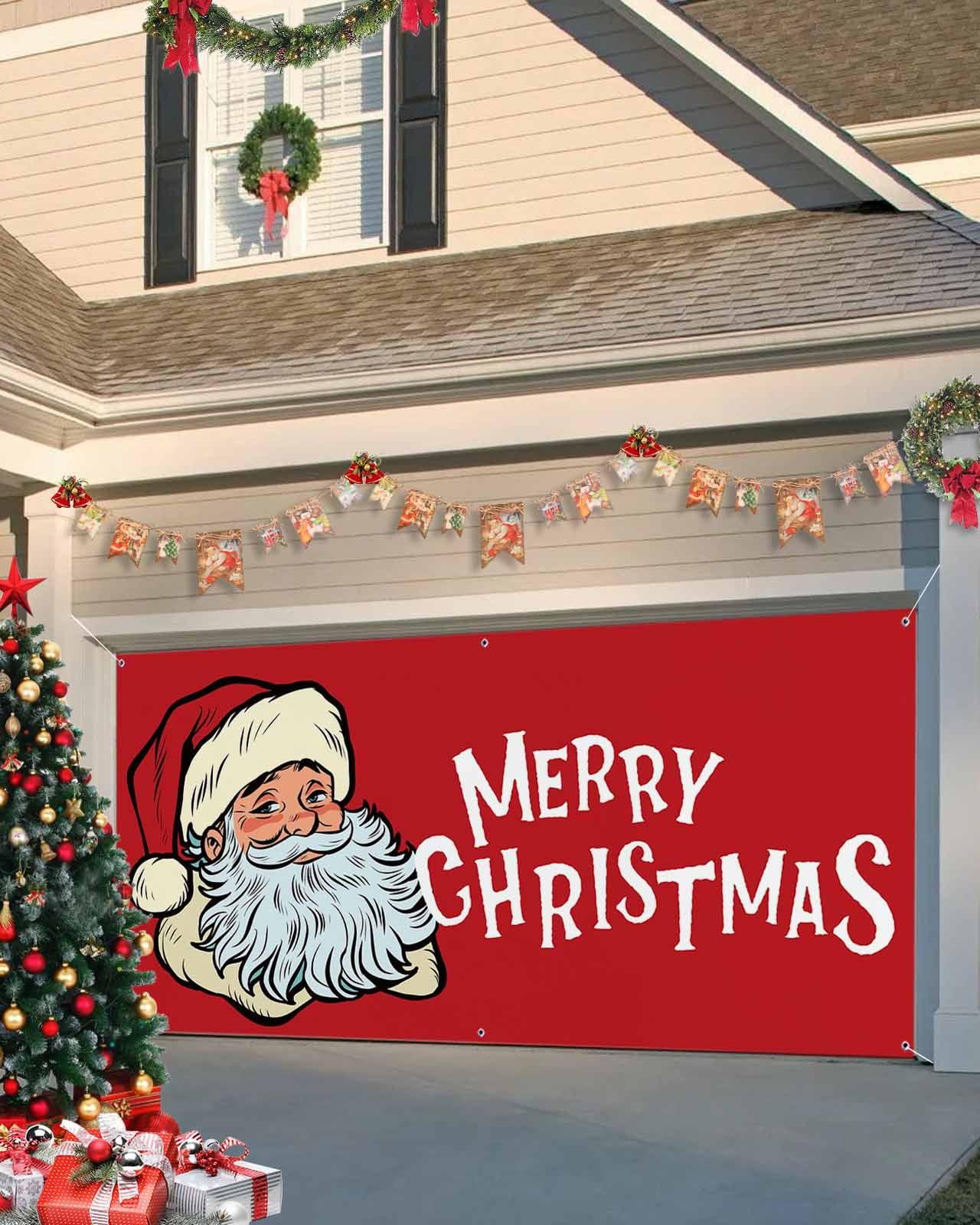 Garage Door Banner Cover 7 x 16 ft, Merry Christmas Santa Claus Carring Gifts Christmas Garage Door Decorations Holiday Christmas Backdrop Decor for Winter New Year Xmas Party