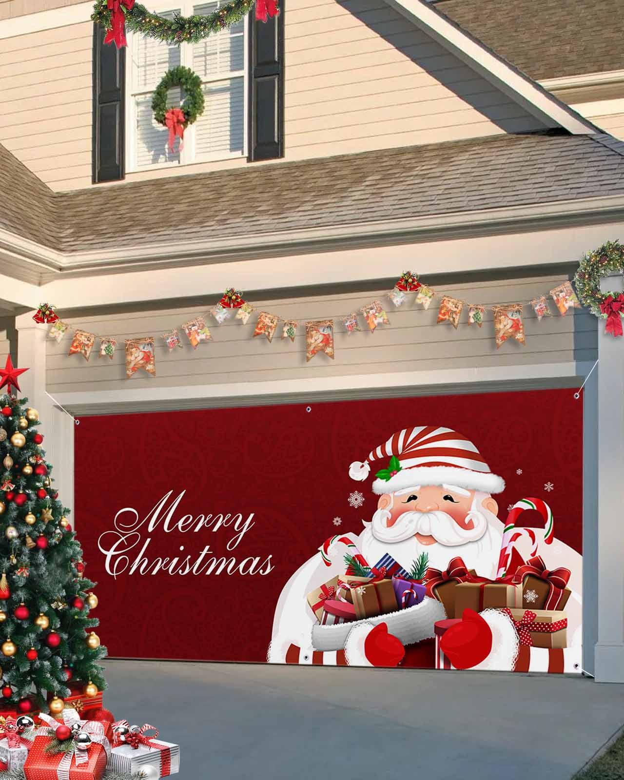 Garage Door Banner Cover 7 x 16 ft, Merry Christmas Santa Claus Carring Gifts Christmas Garage Door Decorations Holiday Christmas Backdrop Decor for Winter New Year Xmas Party