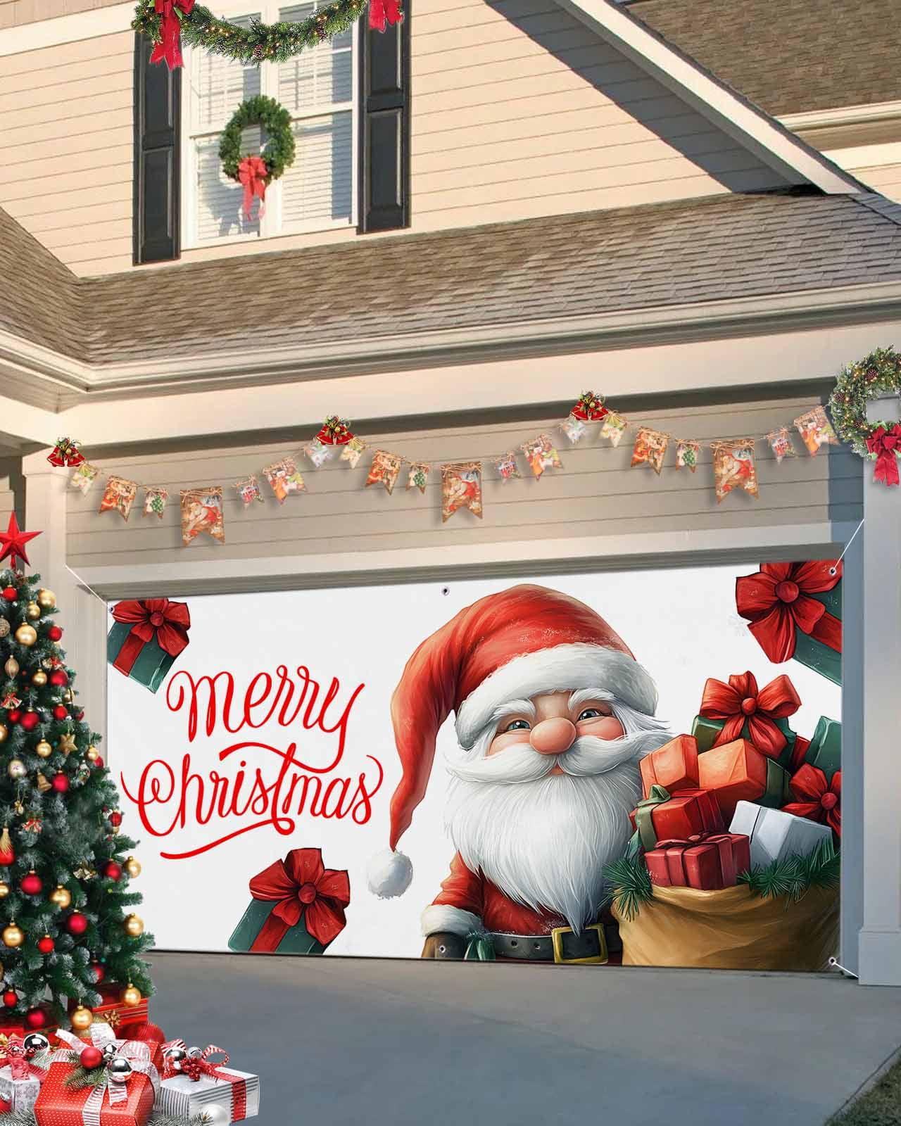 Garage Door Banner Cover 7 x 16 ft, Merry Christmas Santa Claus Carring Gifts Christmas Garage Door Decorations Holiday Christmas Backdrop Decor for Winter New Year Xmas Party