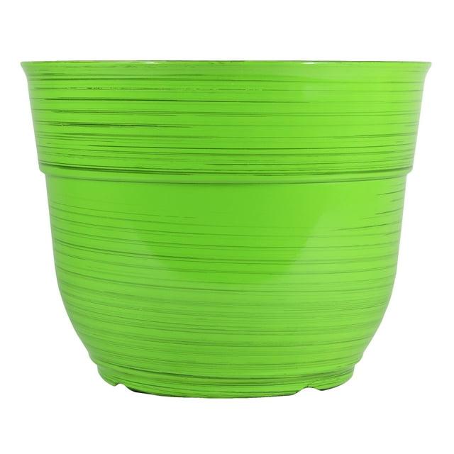 Garden Elements Indoor/Outdoor Glazed Brushed Happy Plastic Planter, Large, Bright Green, 15"