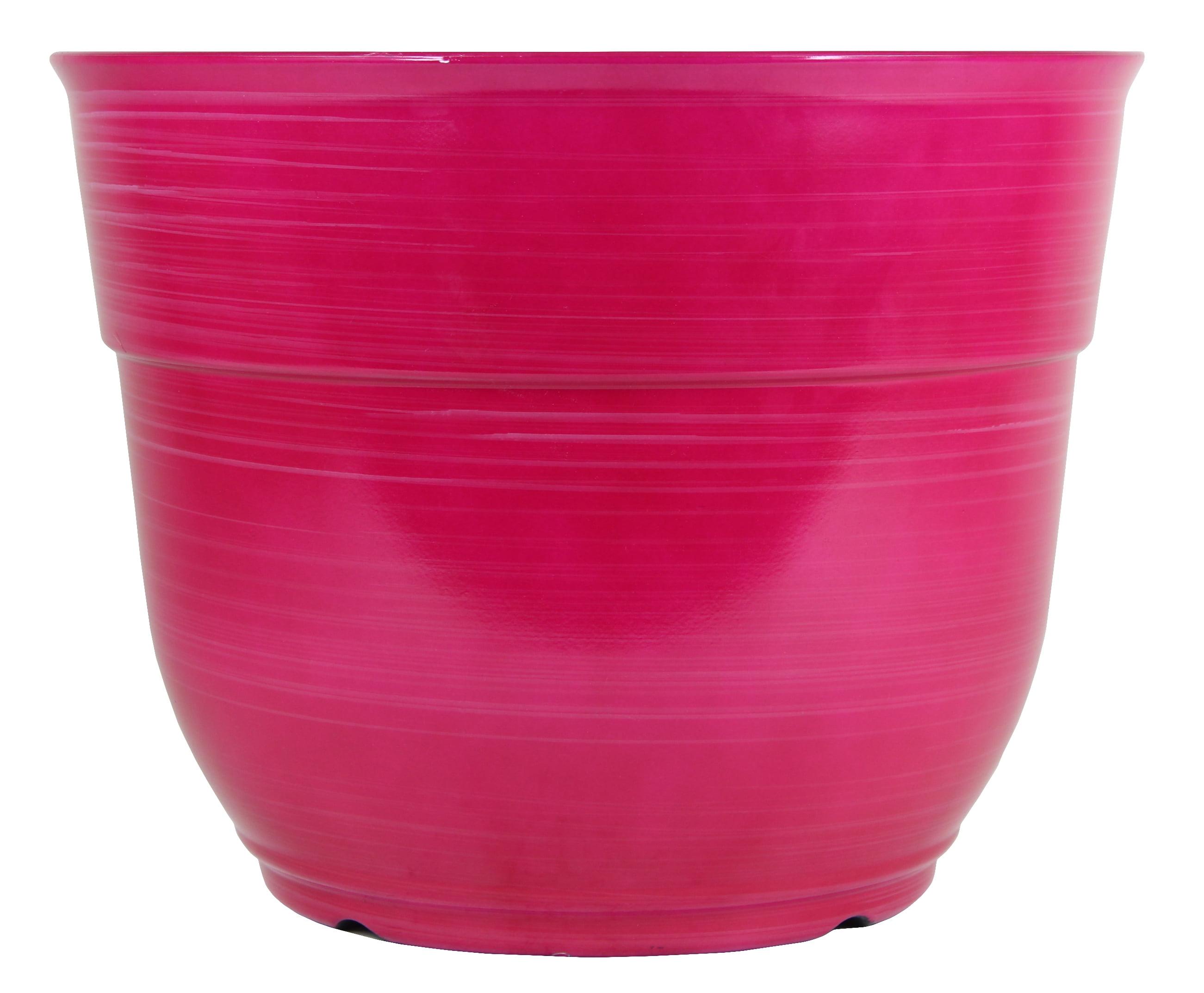 Garden Elements Indoor/Outdoor Glazed Brushed Happy Plastic Planter, Large, Bright Pink, 15"