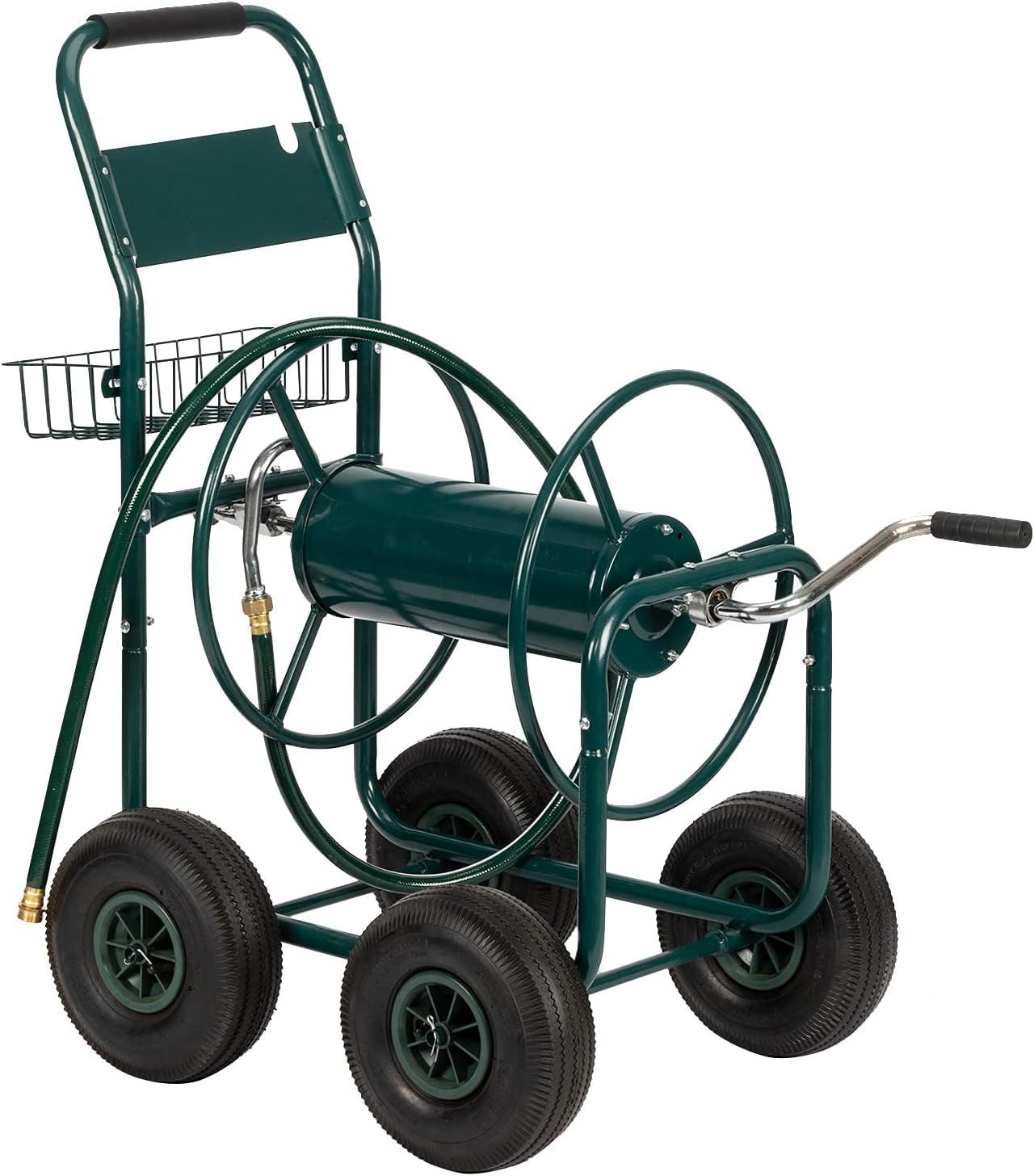 Green Steel Garden Hose Reel Cart with Wheels and Storage Basket