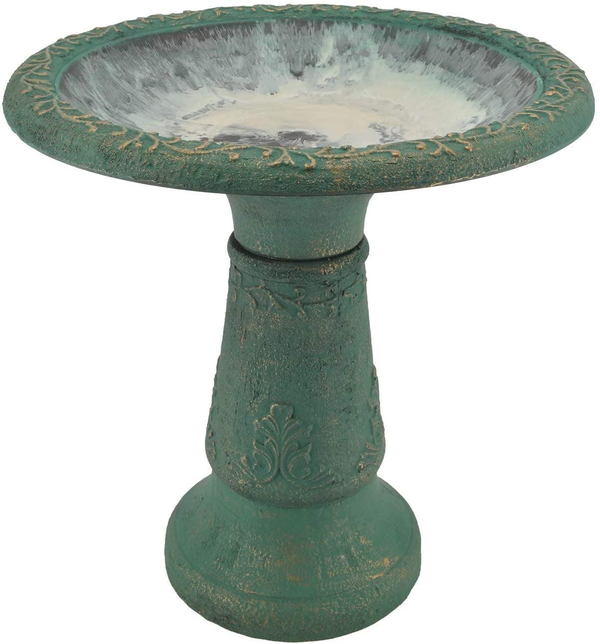 Green Fiberclay Ornate Floral Standing Birdbath