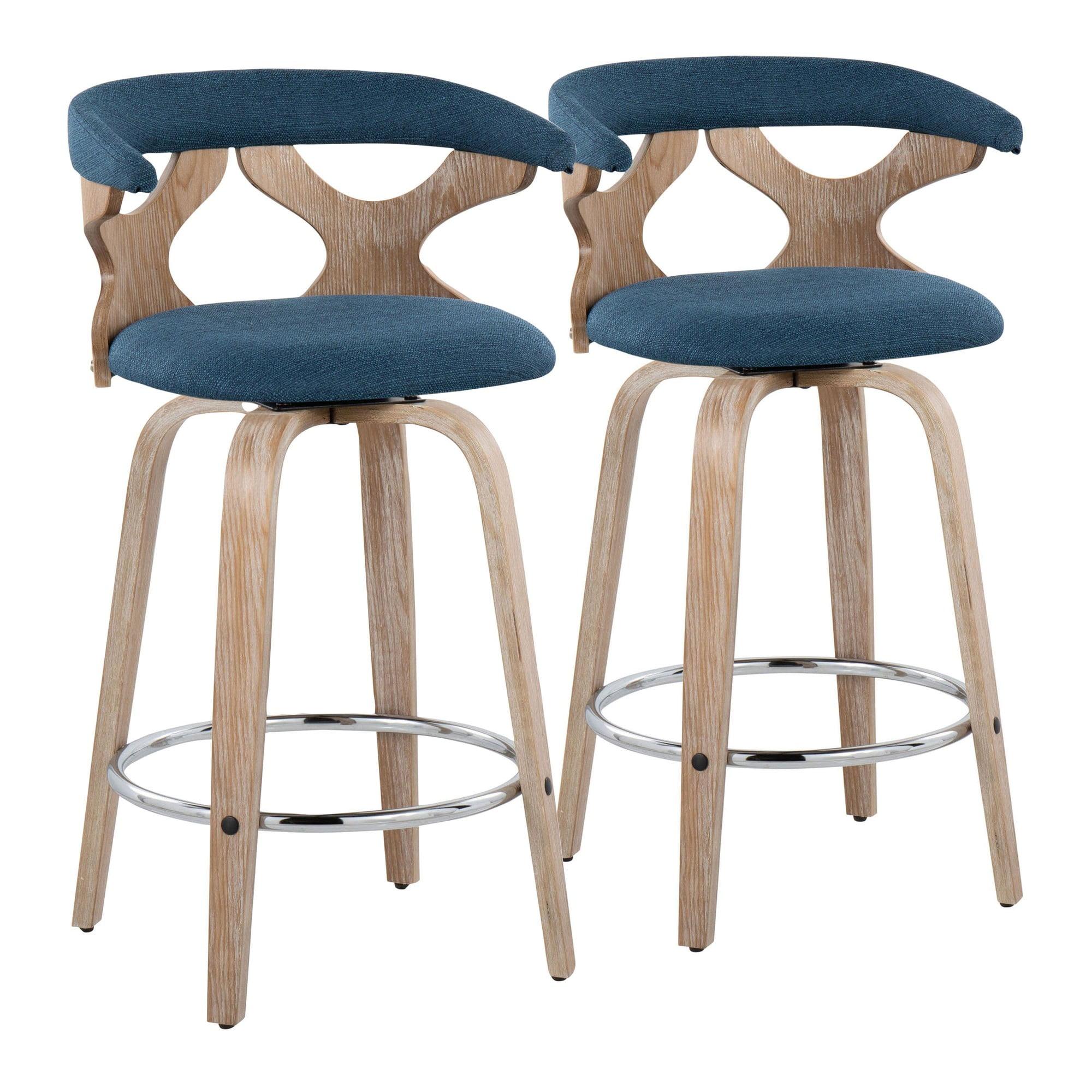 Set of 2 Gardenia Counter Height Barstools White Wash/Blue/Chrome - LumiSource: Swivel, Upholstered, Wood Legs, Foam Padded