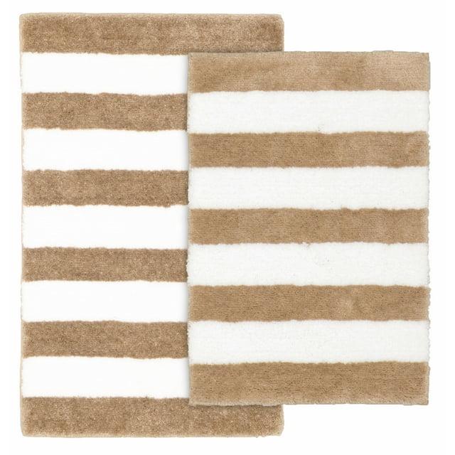 Garland Rug Beach Stripe Washable Bath Rug Set, 2 Piece Set (17"x24" Bath Rug, & 21"x34" Bath Rug) Tan/White