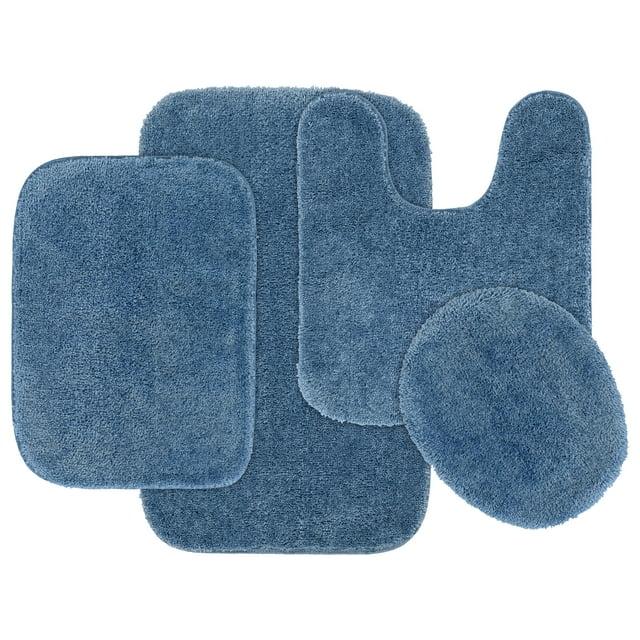 4pc Traditional Nylon Washable Bathroom Rug Set Basin Blue - Garland Rug: Includes Lid & Contour Cover, Machine Made