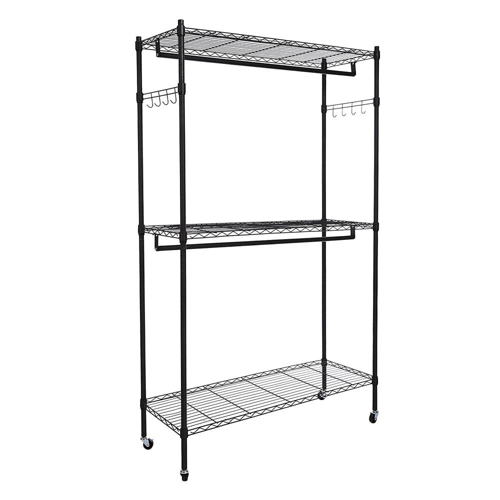 Black Carbon Steel Portable Garment Rack with Adjustable Shelves