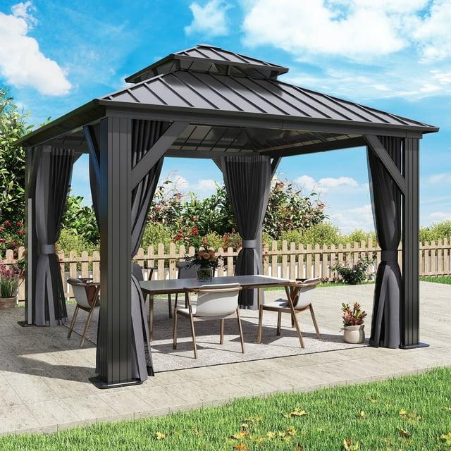 10'x10' Gazebo Outdoor Aluminum Frame Gazebo, Polycarbonate Combined Single Hardtop Roof, Black