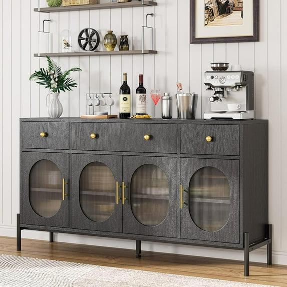 62" Large Sideboard Buffet Cabinet with Storage and 3 Drawers, Buffet Table Coffee Bar Storage Cabinet with 4 Glass Doors