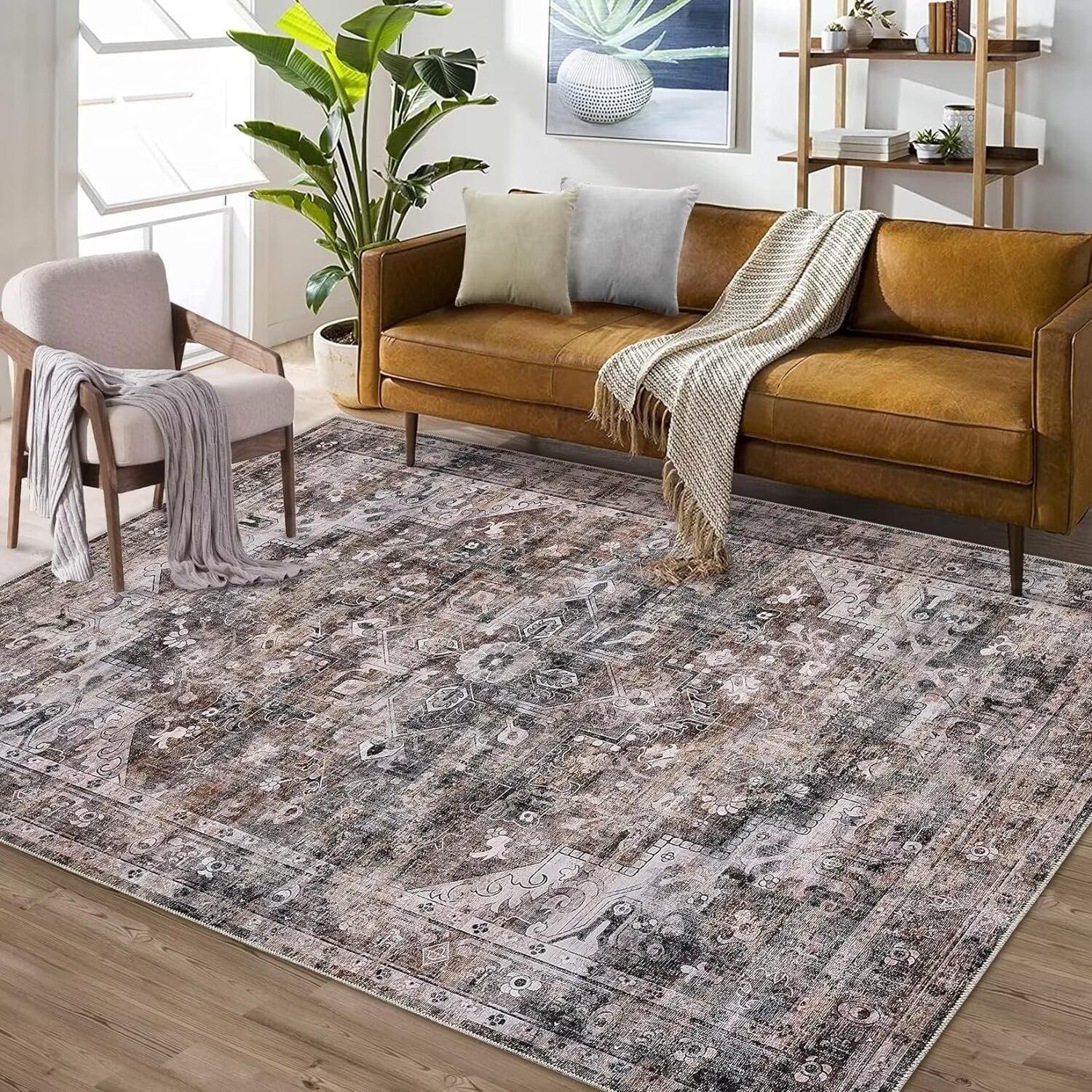 8x10 Brown Washable Area Rug Vintage Rug Medallion Print Rugs for Living Room, Bedroom, Dining Room Home Decor
