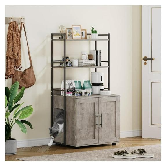 Garvee Cat Litter Box Enclosure with Shelf Storage, 2-in-1 Hidden Cat Washroom Furniture, Hidden Cat Box Enclosure with 3 Shelves and Door, Grey
