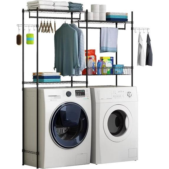 Kselythan Over Washer and Dryer Shelves,57.4" W Heavy Duty Laundry Room Storage Organization Clothes Drying Rack,Height Adjustable Towel Racks with Hamper and Hooks,Space Saving Shelf