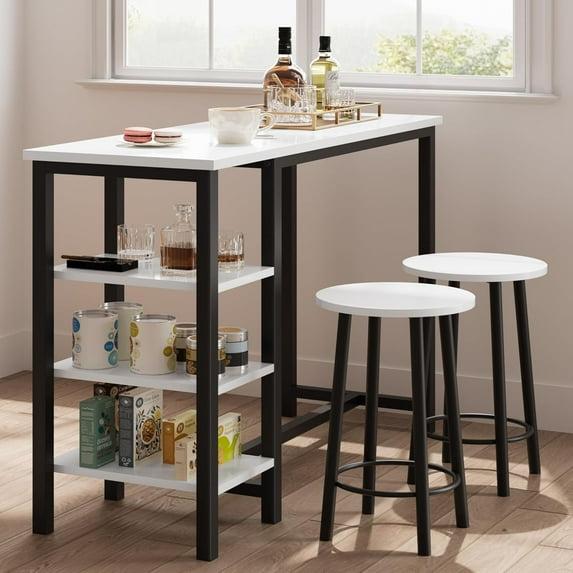 Counter Height Dining Table with Stools, Bar Table Set with 3 Storage Shelves, 3 Piece Dining Table Set for Small Space, Apartment, Kitchen, White