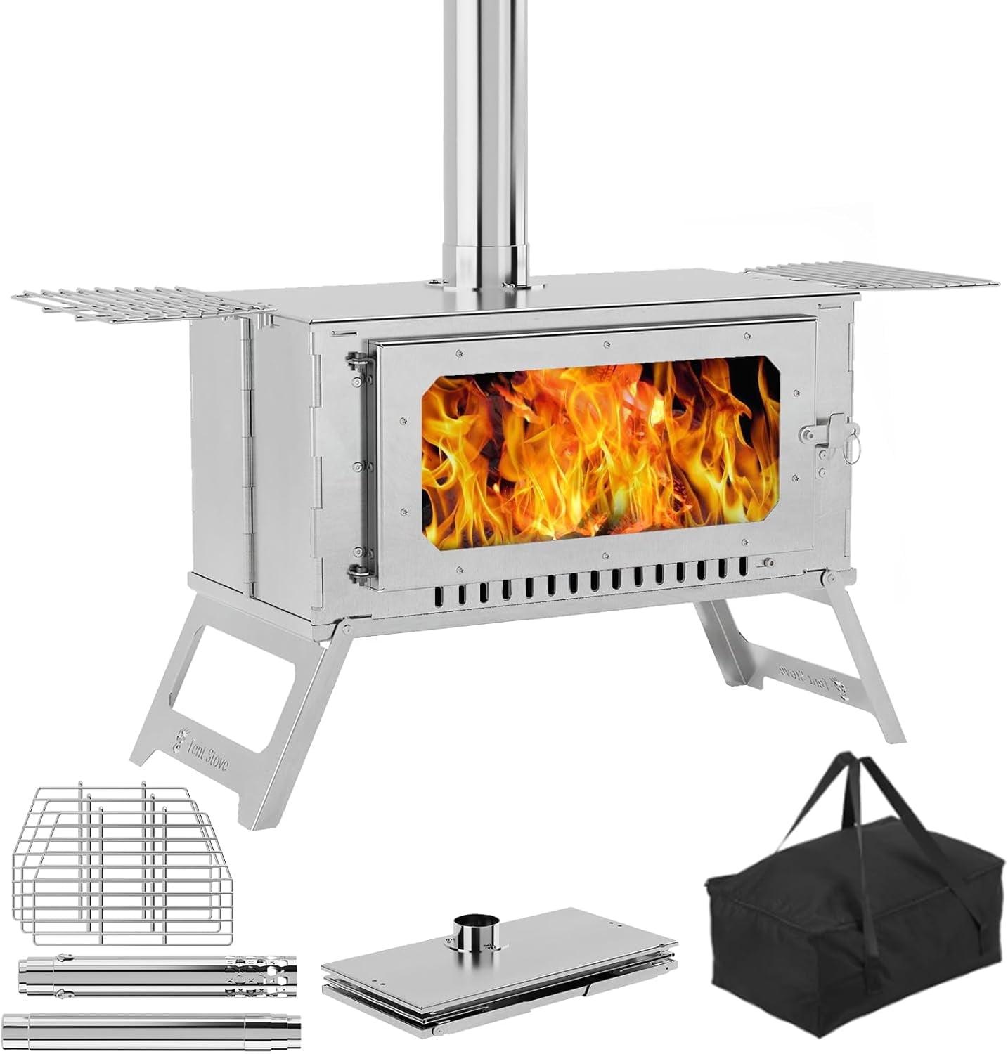 Portable Tent Stove, Hot Tent Stove with View Glass, 5 Chimney Pipes & 3 Shelfs, Wood Burning Stove for Camping, Outdoor Heating and Cooking