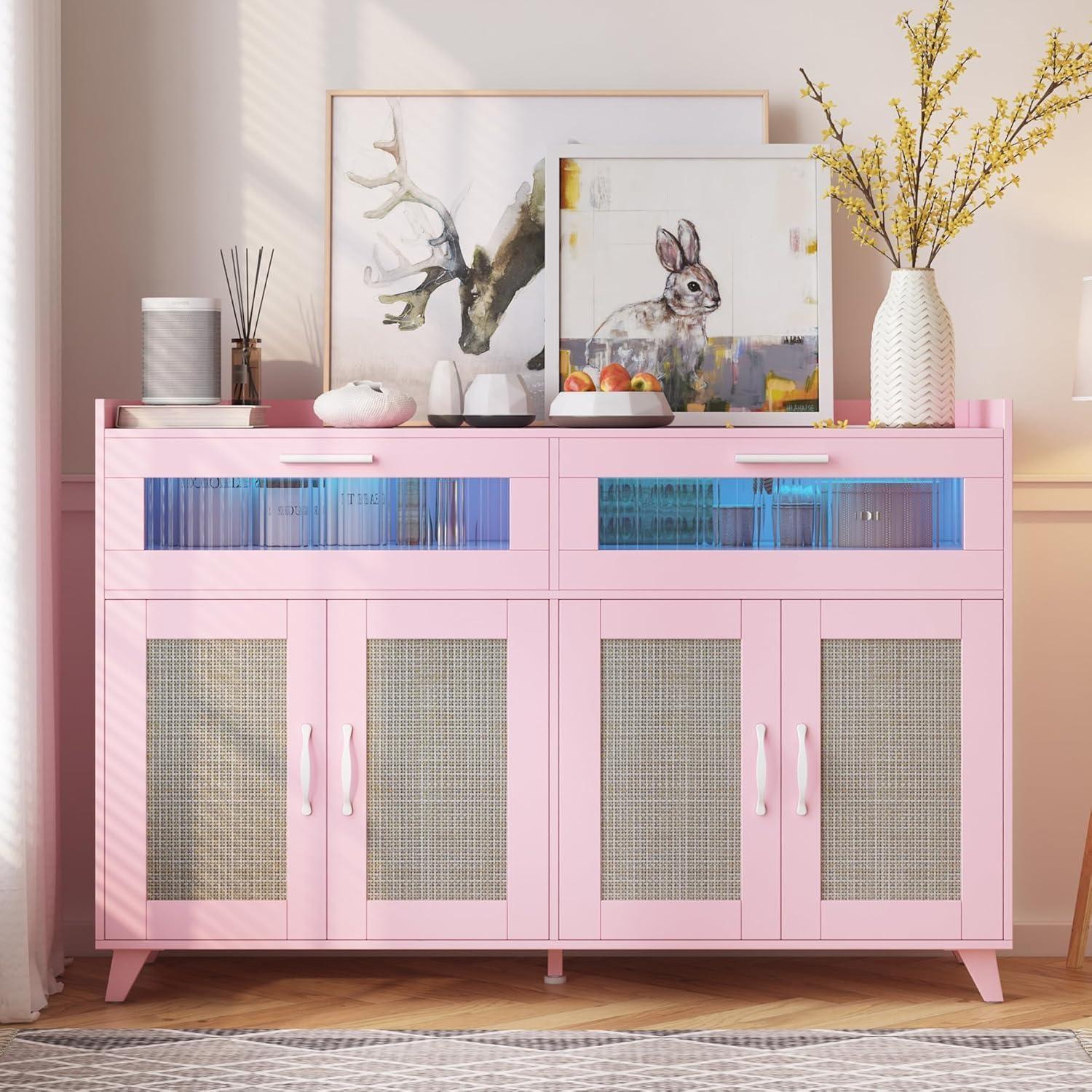 Garvee Sideboard Buffet Cabinet with Power Outlet & LED Light - Kitchen Storage Cabinet with 2 Fluted Acrylic Drawers & 4 Rattan Doors, Pink