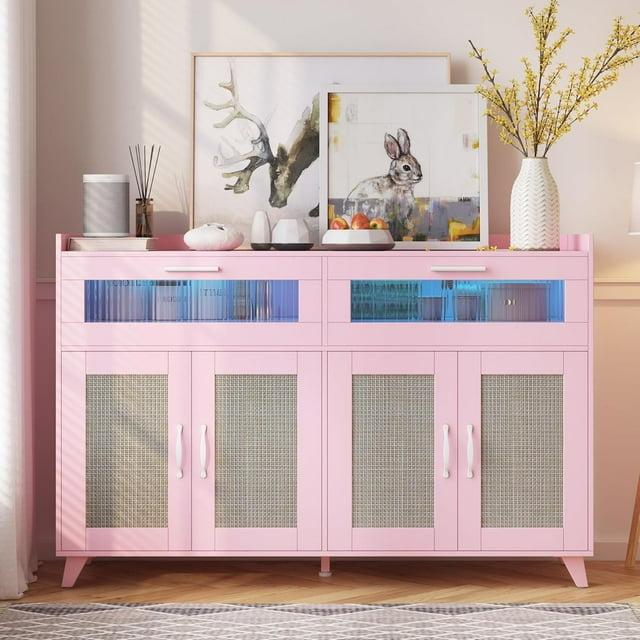 Garvee Sideboard Buffet Cabinet with Power Outlet & LED Light - Kitchen Storage Cabinet with 2 Fluted Acrylic Drawers & 4 Rattan Doors, Pink
