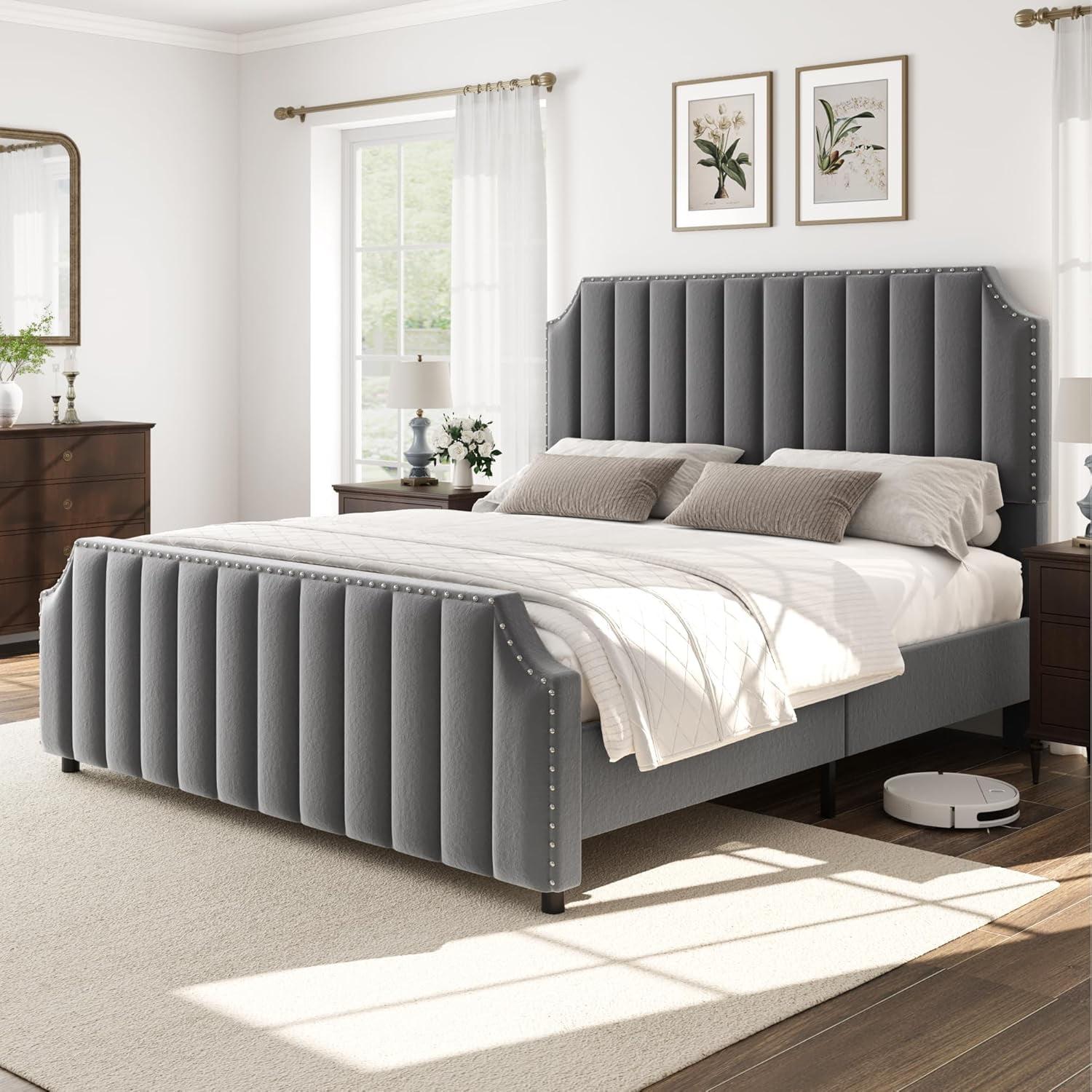 Queen Size Platform Bed Frame with 50.2" Headboard, Velvet Upholstered Bed Frame Queen with Vertical Channel Tufted Headboard & Footboard,Light Gray