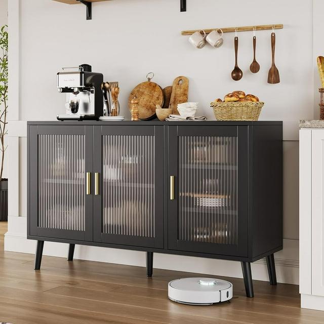 Buffet Cabinet with Storage, 48" Large Sideboard Cabinet with 3 Fluted Glass Doors, Black Cabinet for Kitchen, Dinning Room, Hallway, Living Room