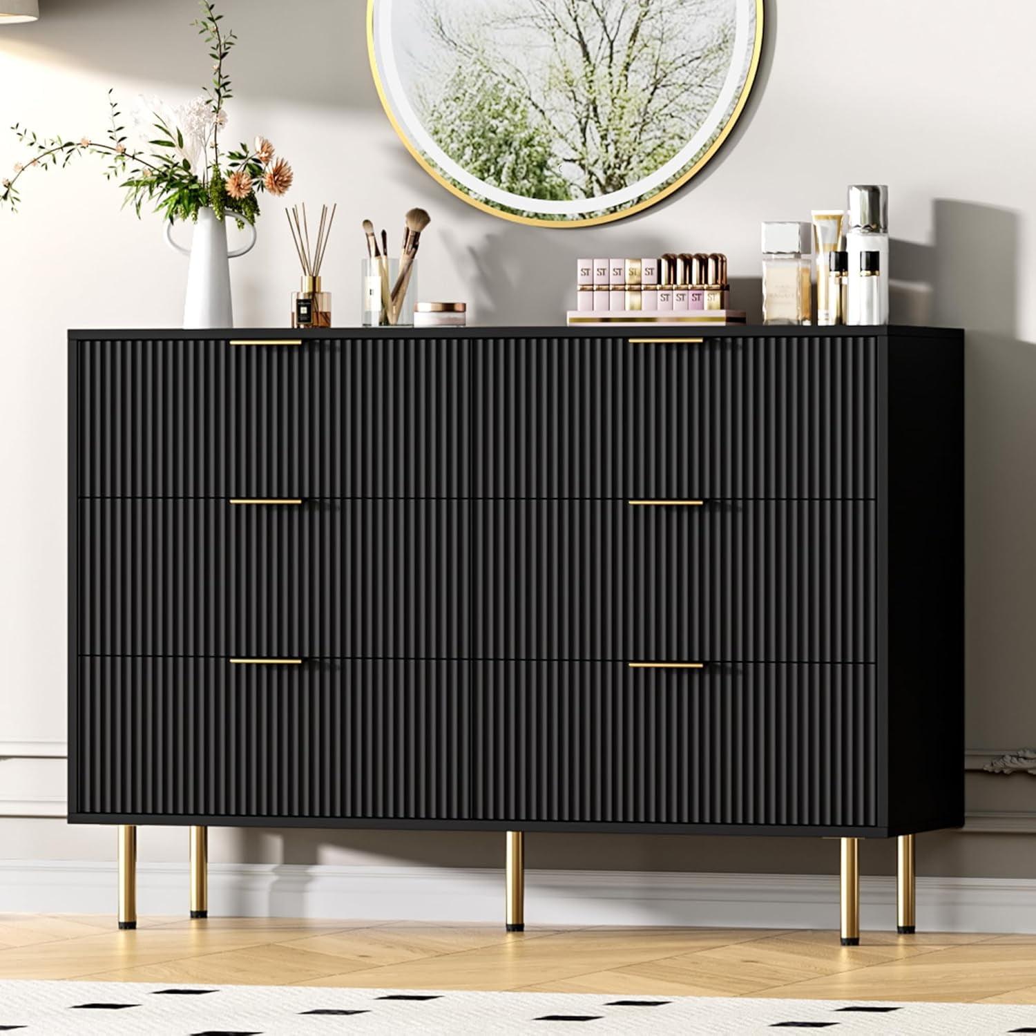 Garvee Fluted Wood Dresser 6 Drawers Dresser for Bedroom, Large Modern Chest of Drawers, Black Dresser with Gold Handle,for Living Room, Hallway