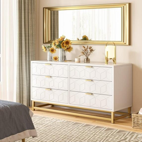 Towallmark Dresser for Bedroom, 6 Drawer Dresser with Metal Legs, Wood Dresser Chest Organizer with Wide Storage, Modern Chest of Drawers for Bedroom, Living Room, Hallway，White