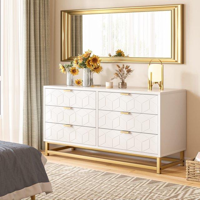 Towallmark Dresser for Bedroom, 6 Drawer Dresser with Metal Legs, Wood Dresser Chest Organizer with Wide Storage, Modern Chest of Drawers for Bedroom, Living Room, Hallway，White