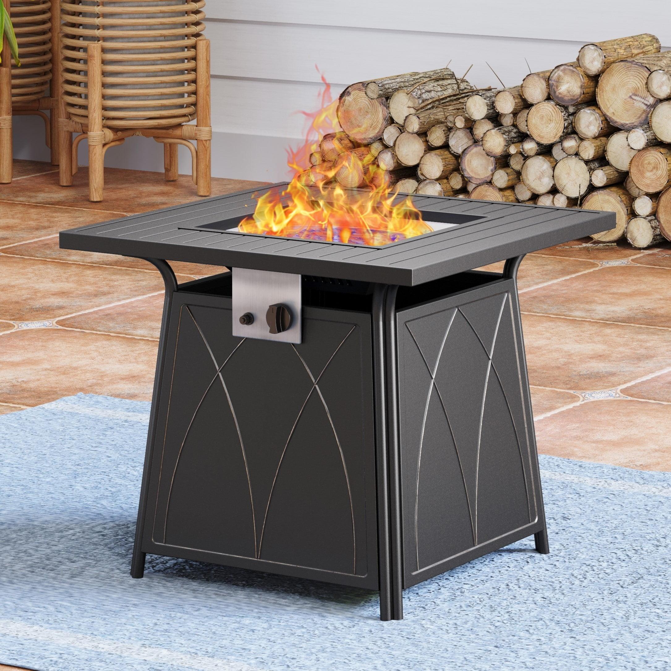 28 Inch Black Gas Fire Pit Table with Blue Glass