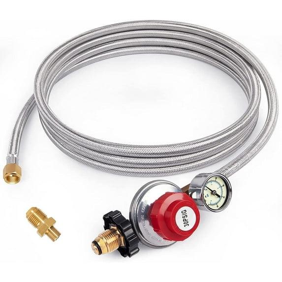 Gaspro 12ft 0-30 PSI Adjustable Propane Regulator with Gauge Stainless High Pressure Propane Hose with Regulator and  3/8" Female Connector